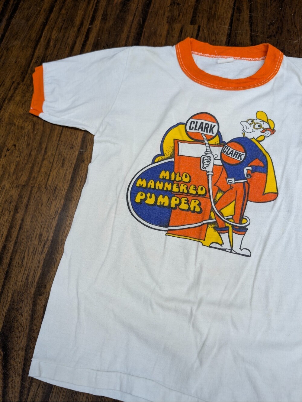 Mild Mannered Pumper Vintage Clark Gas Mascot Ringer Tee S